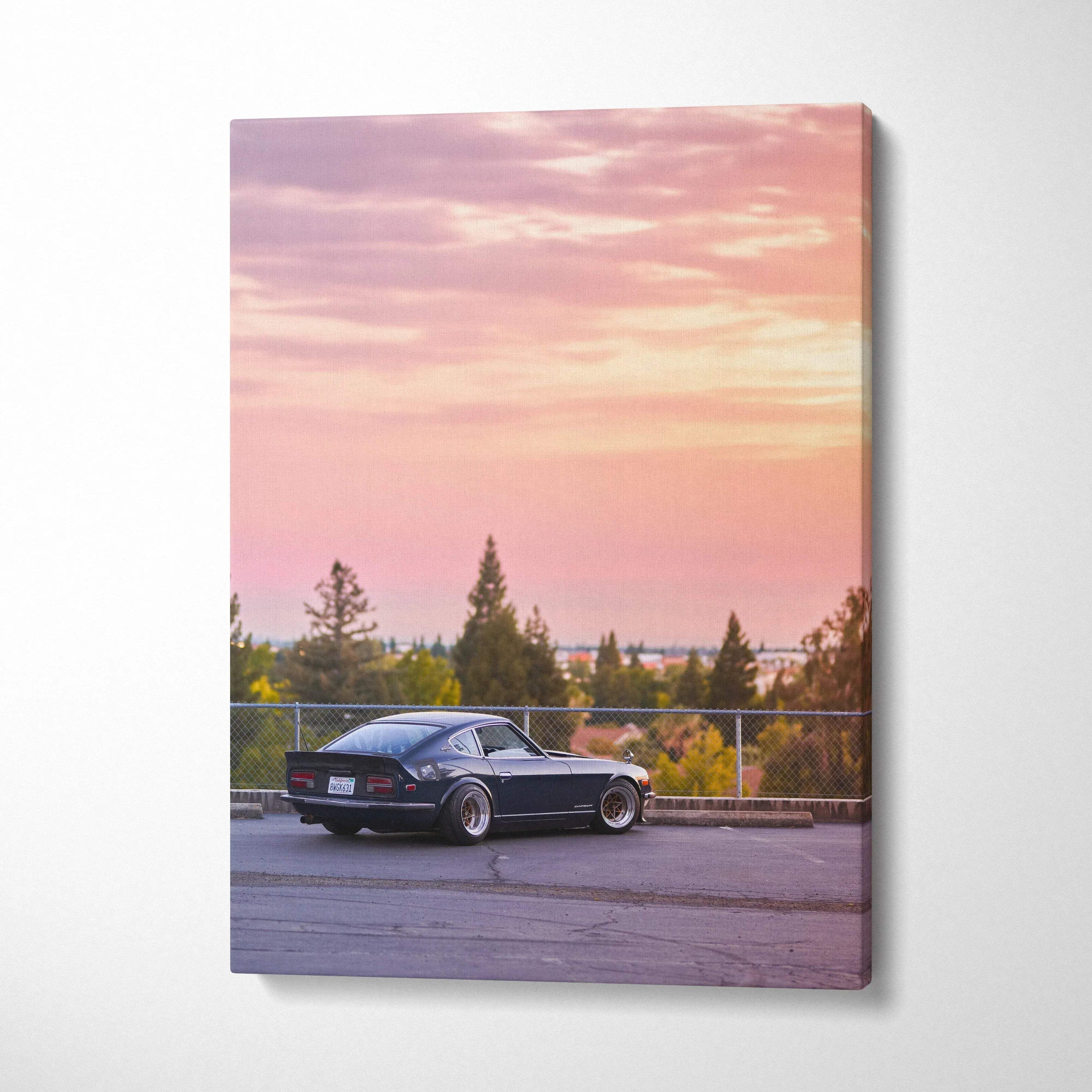 Nissan 240z parked at sunset with pink sky vertical canvas wall art.