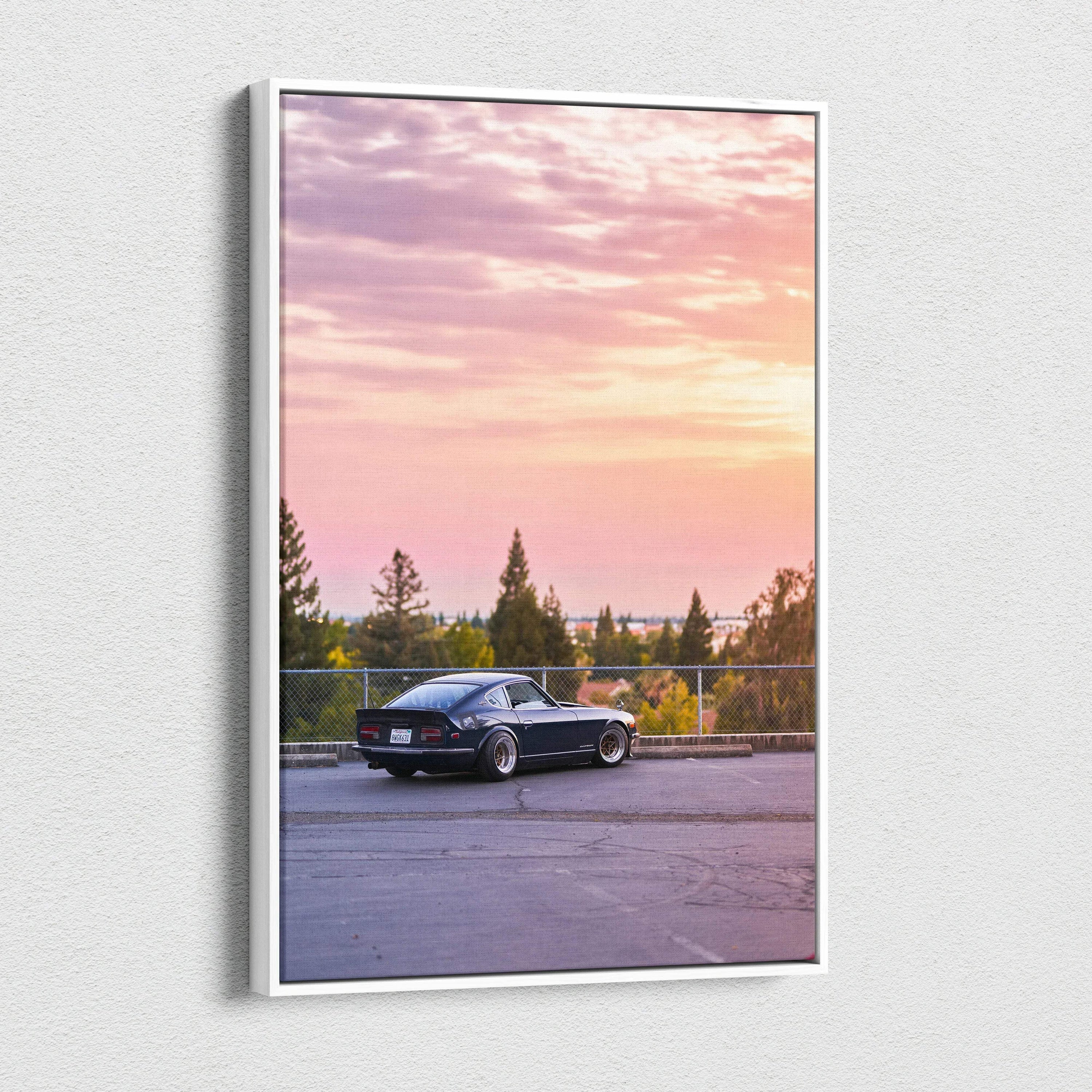 Vertical canvas wall art featuring a Nissan 240z car at sunset with trees and sky background.