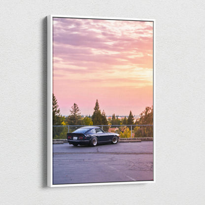 Vertical canvas wall art featuring a Nissan 240z car at sunset with trees and sky background.