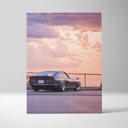 Nissan 240z vintage car at sunset on vertical canvas wall art with soft purple and orange sky.