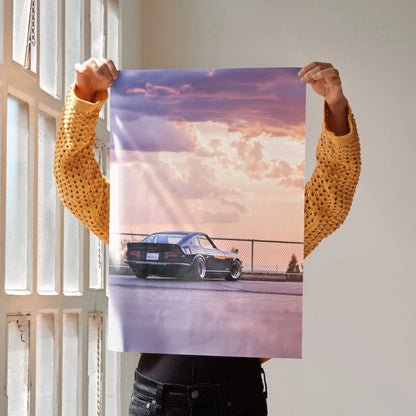 Nissan 240z poster showing classic car with sunset sky, vibrant high-resolution wall art.