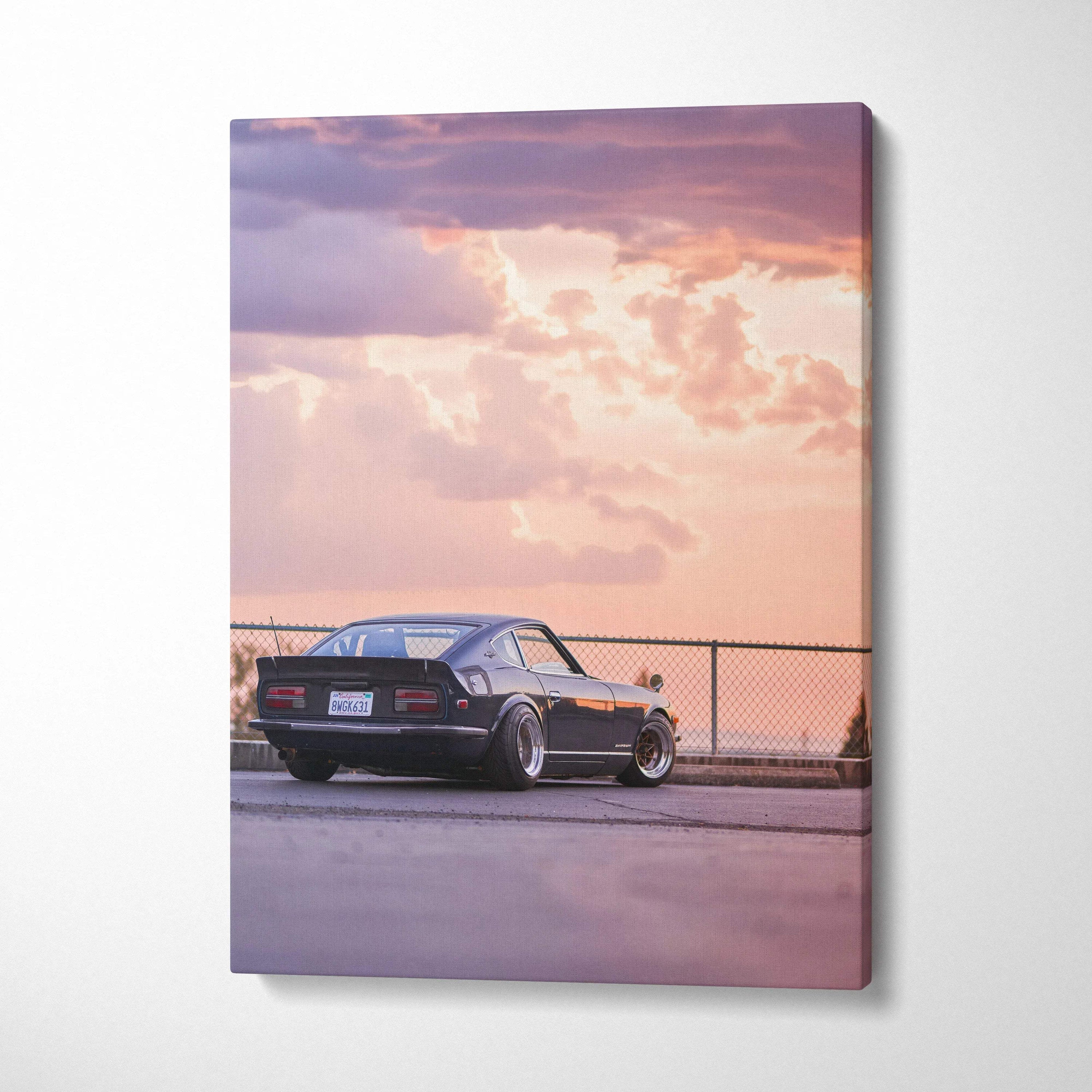 Nissan 240z vintage car at sunset on vertical canvas wall art with soft pastel sky background.
