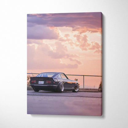 Nissan 240z vintage car at sunset on vertical canvas wall art with soft pastel sky background.