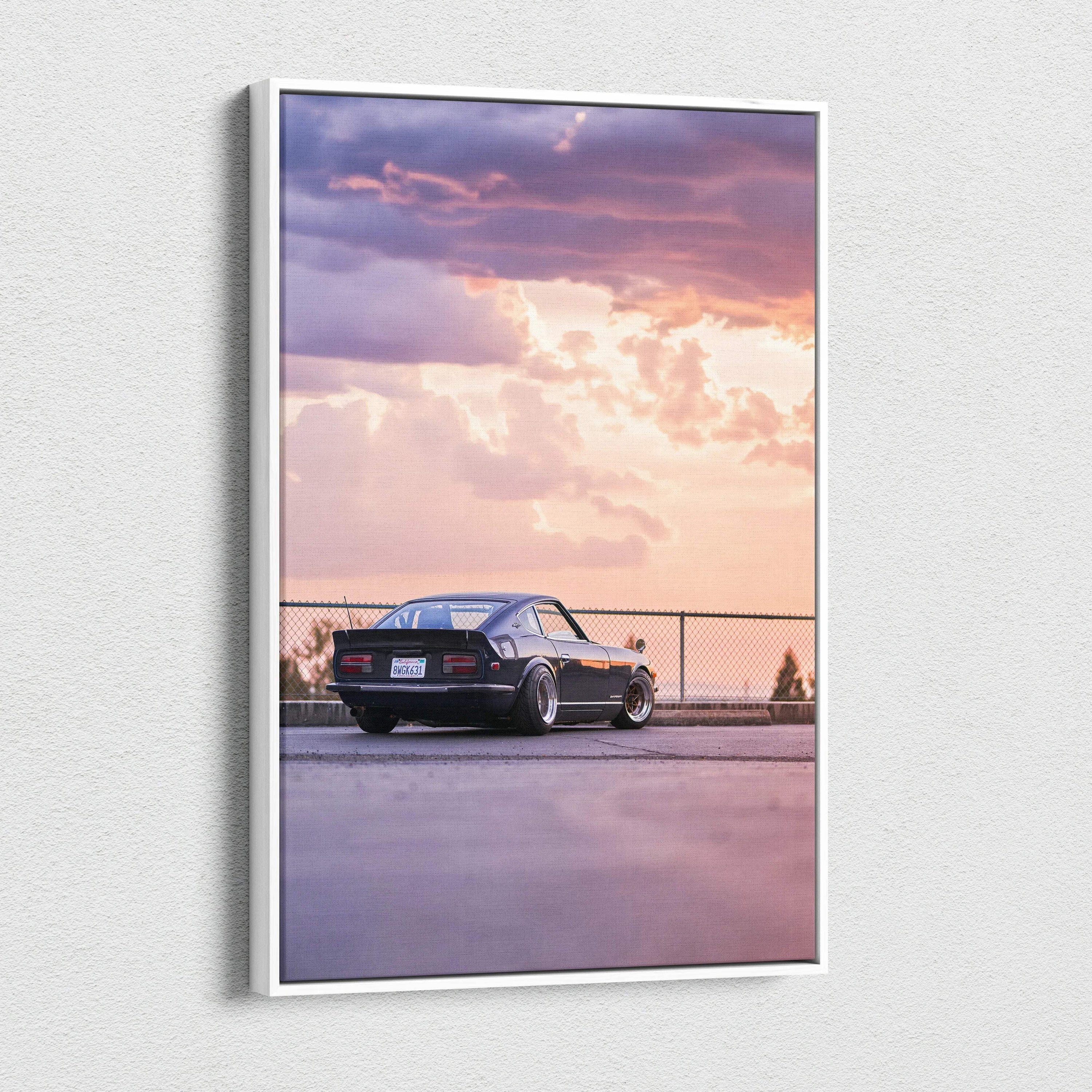 Nissan 240z vintage car at sunset against colorful sky on vertical canvas wall art.