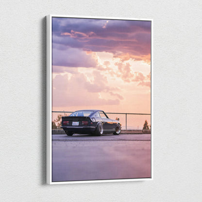 Nissan 240z vintage car at sunset against colorful sky on vertical canvas wall art.