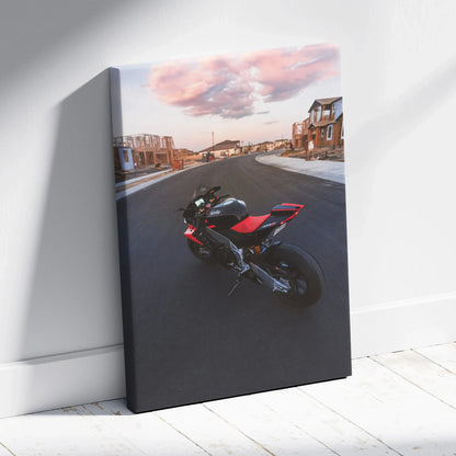Aprilia RSV4 1100 Factory motorcycle canvas art with vibrant sunset street scene wall art.