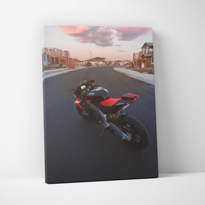 Aprilia RSV4 1100 Factory motorcycle canvas art with urban street background, vertical wall art print.
