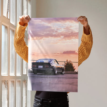 Nissan 240z car poster with sunset sky background, high-resolution wall art in muted tones.