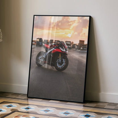 Aprilia RSV4 1100 Factory motorcycle poster with sunset background wall art in black frame.