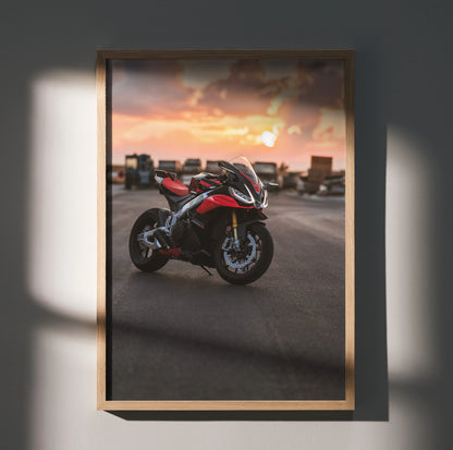 Aprilia RSV4 1100 Factory motorcycle poster with sunset background, modern wall art in wood frame.