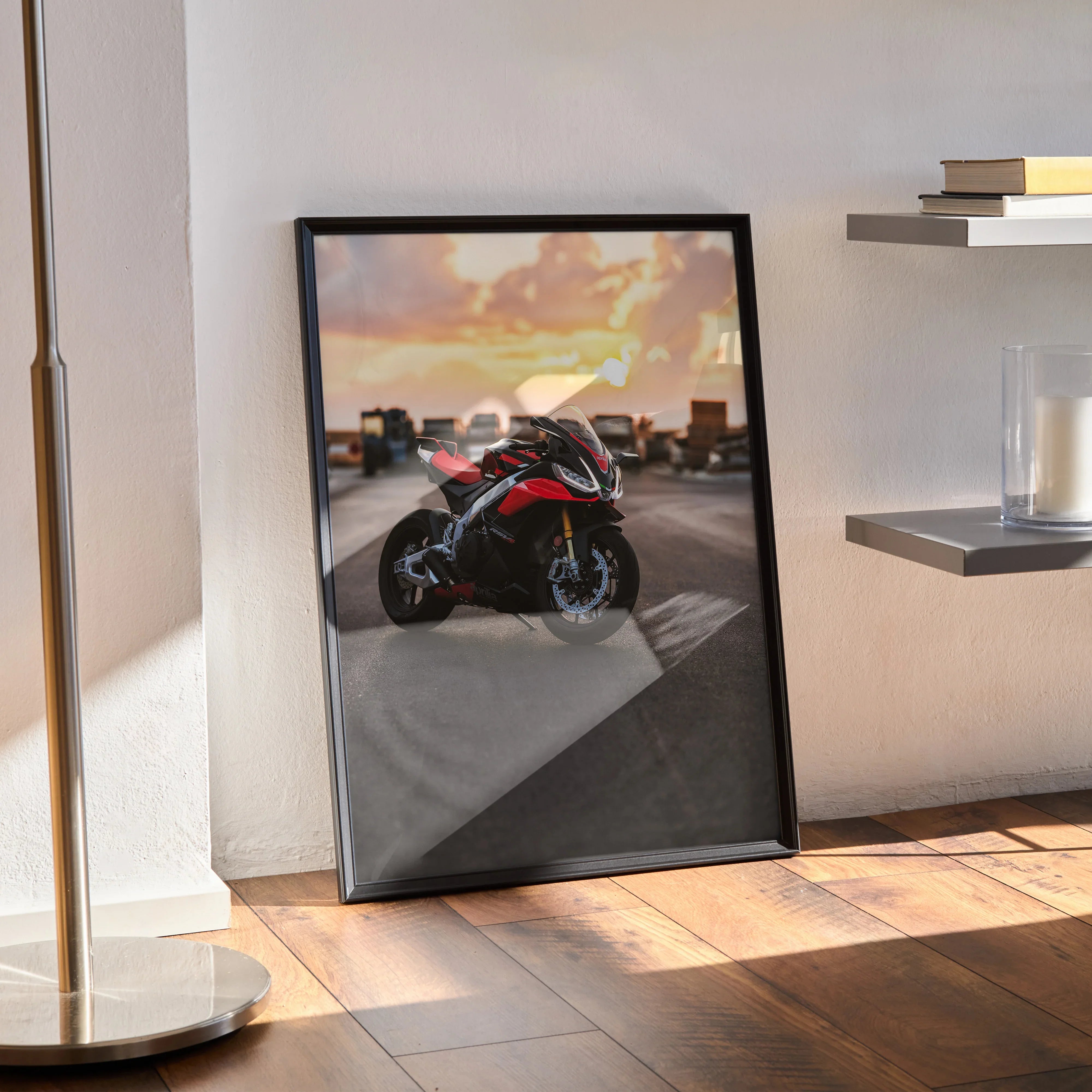 Aprilia RSV4 1100 Factory motorcycle poster with sunset city street scene, framed wall art.