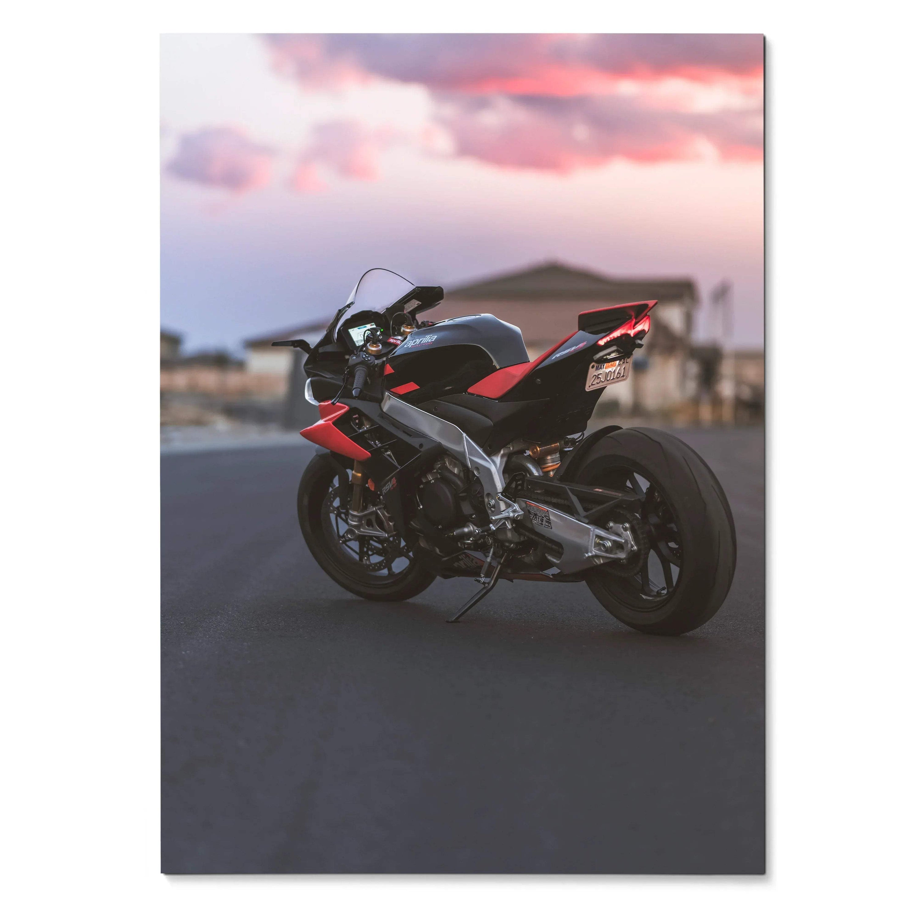 Aprilia RSV4 1100 Factory motorcycle poster with red and black sportbike on asphalt at sunset wall art.