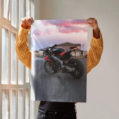 Aprilia RSV4 1100 Factory motorcycle poster with sunset background, performance wall art.