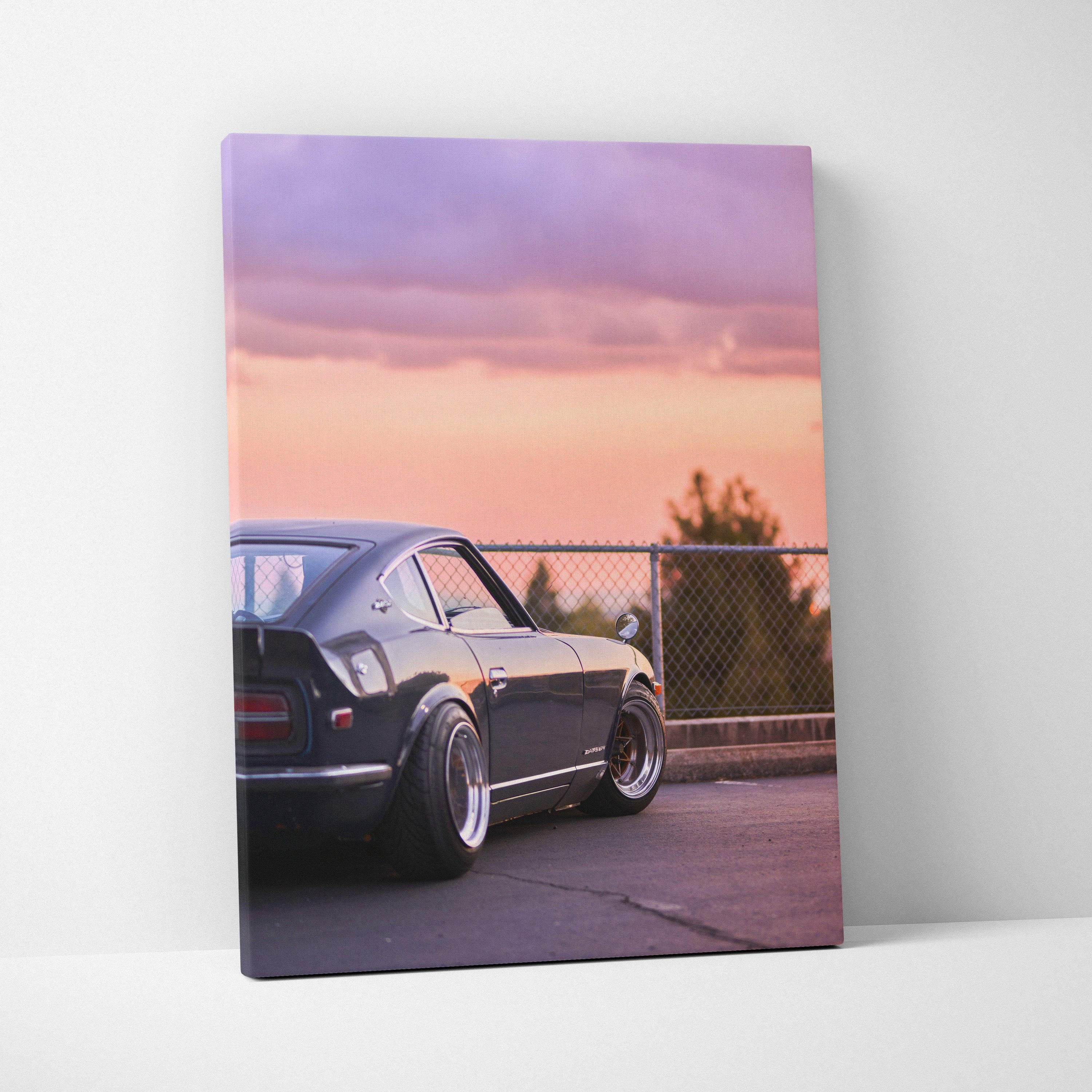 Nissan 240z classic car canvas art with sunset sky backdrop vertical wall art print.