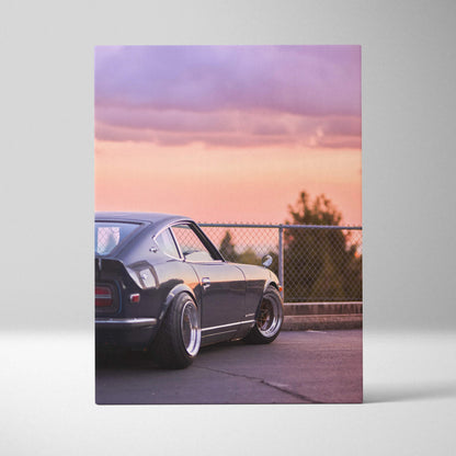 Nissan 240z black car canvas art with sunset sky background, vertical wall art print.
