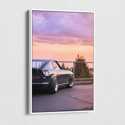 Nissan 240z car against sunset sky on vertical canvas wall art with modern white frame.