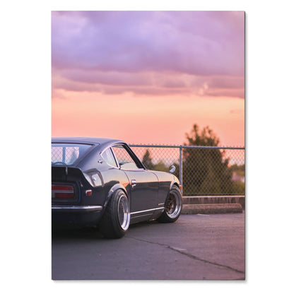 Nissan 240z black sports car poster with sunset sky background wall art.