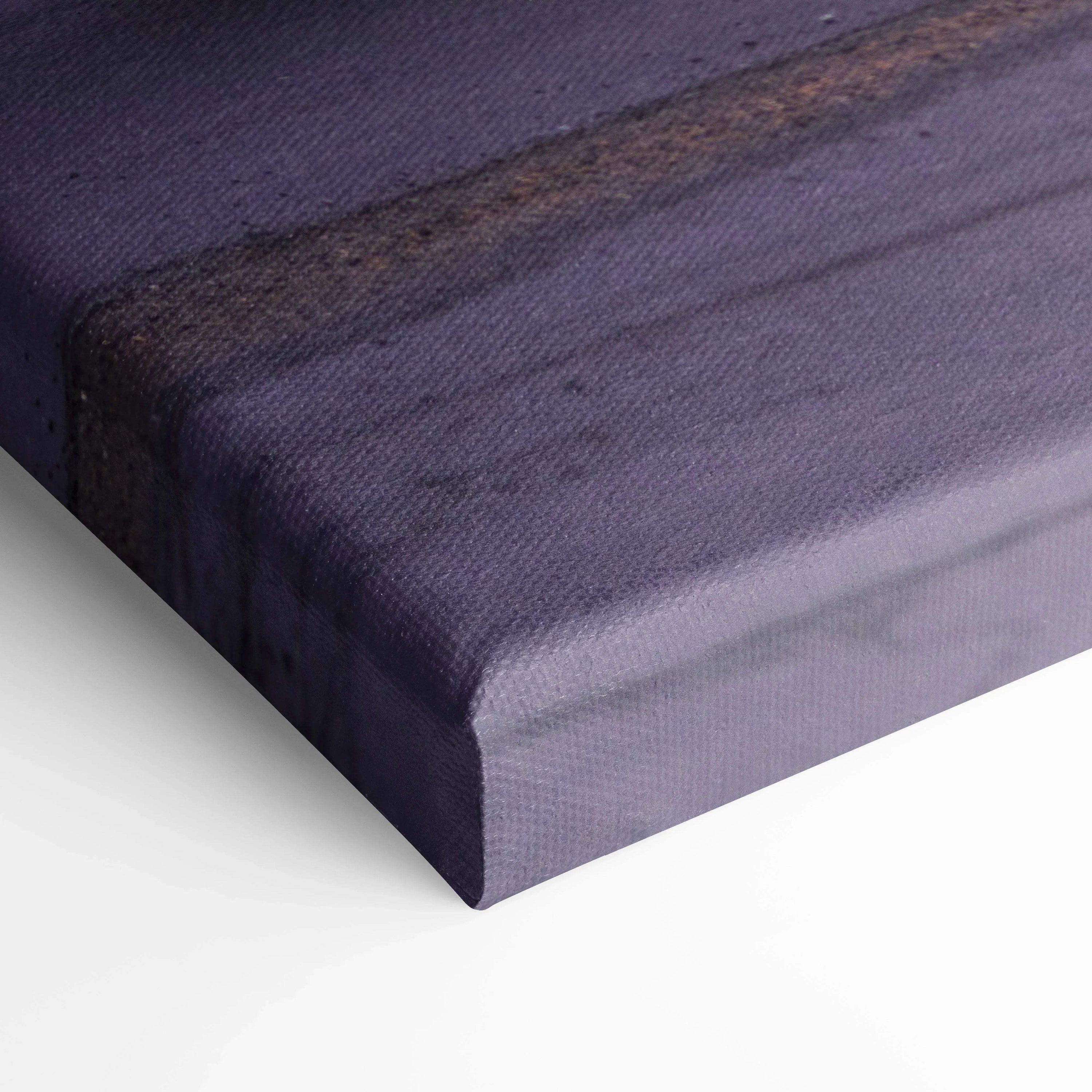 Close-up of textured canvas edge with dark purple and black tones, vertical wall art detail.