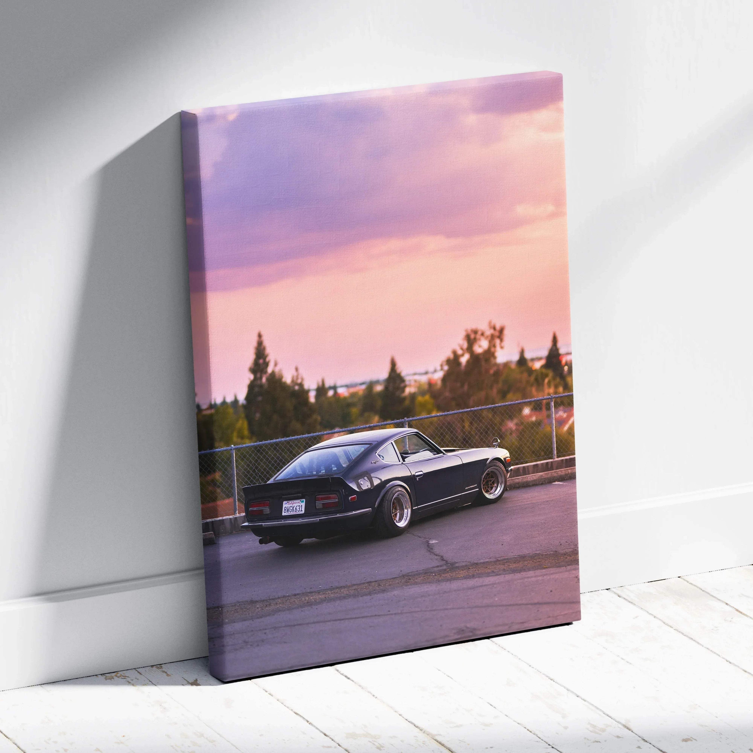 Nissan 240z car at sunset on vertical canvas wall art with soft purple and orange sky background.