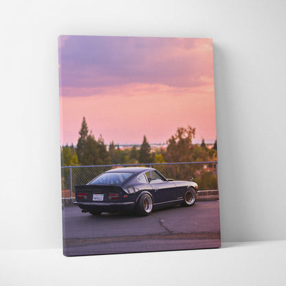 Nissan 240z classic car canvas art with sunset sky, vertical wall art print.