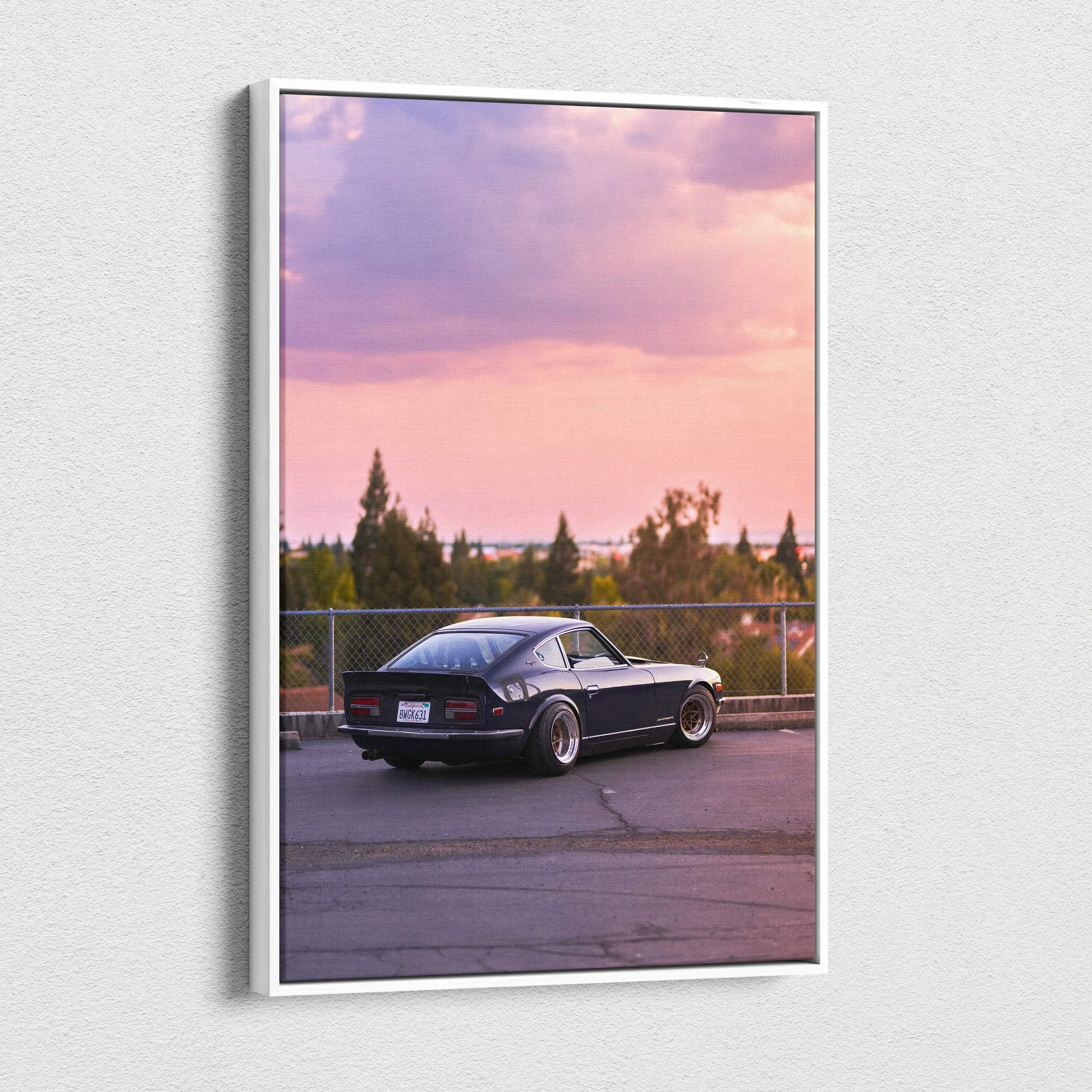 Nissan 240z vintage car against a sunset sky on vertical canvas wall art.