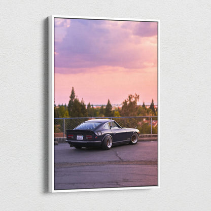 Nissan 240z vintage car against a sunset sky on vertical canvas wall art.