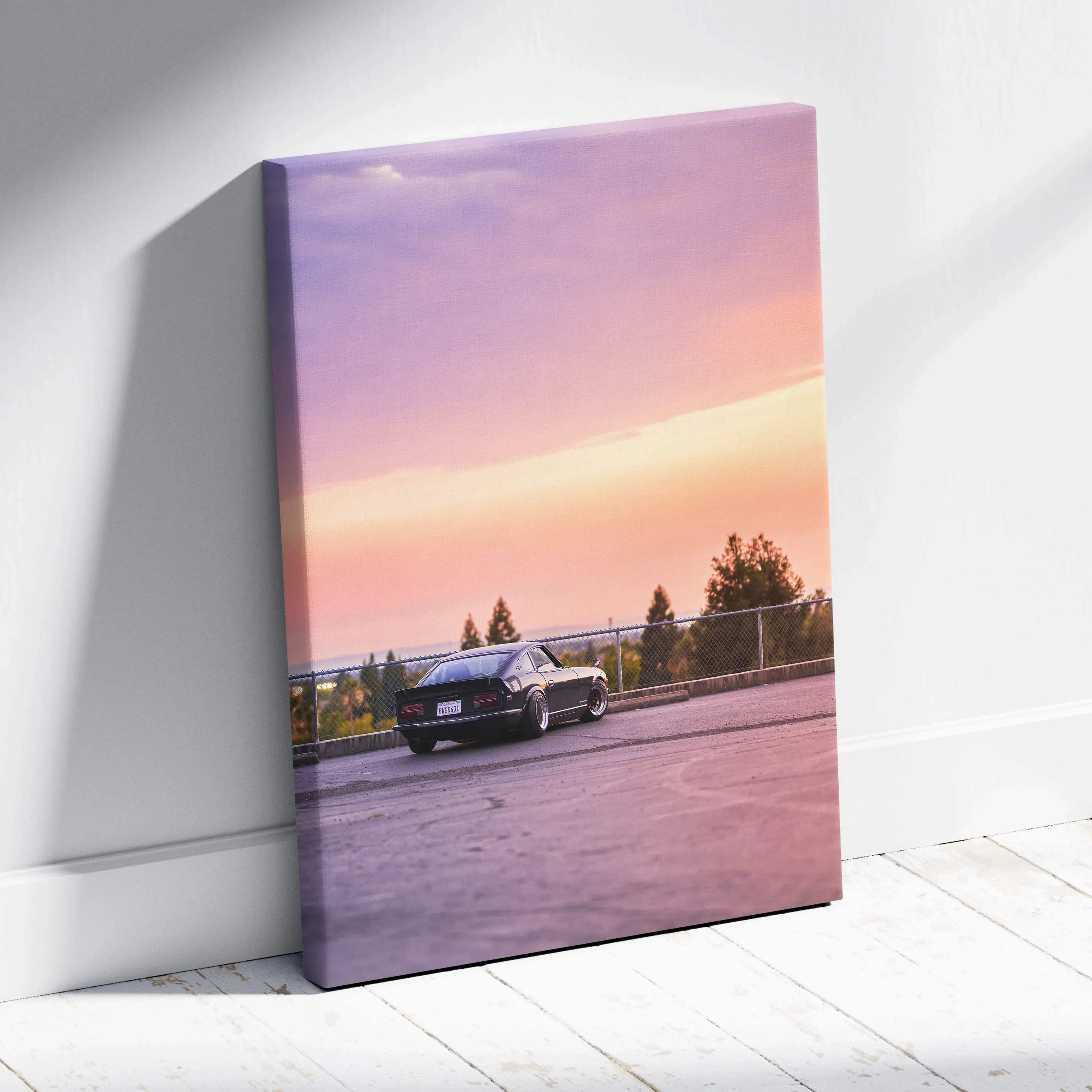 Nissan 240z car driving at sunset printed on vertical canvas wall art with soft pastel sky colors.