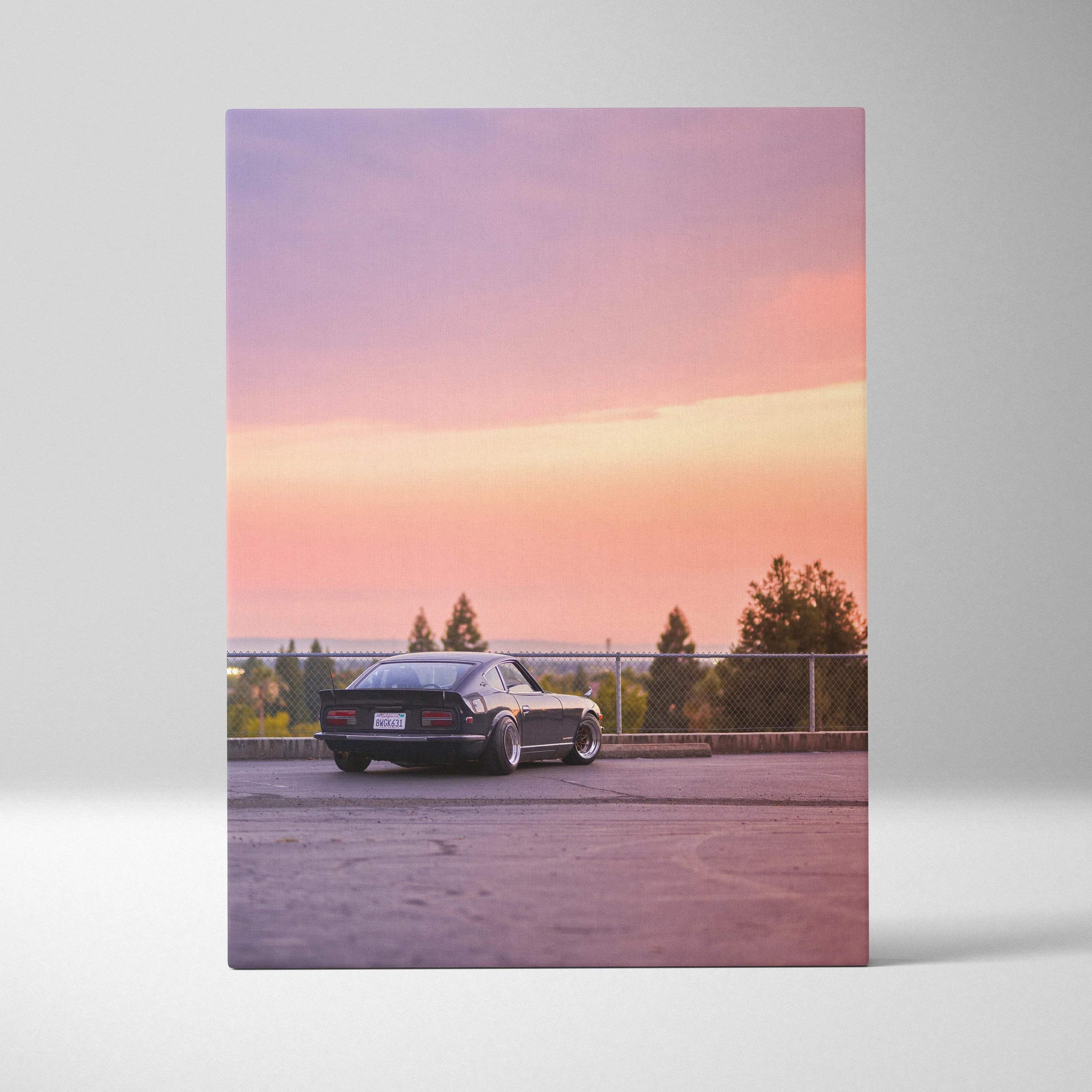 Nissan 240z parked at sunset with vibrant pink and purple sky canvas wall art.