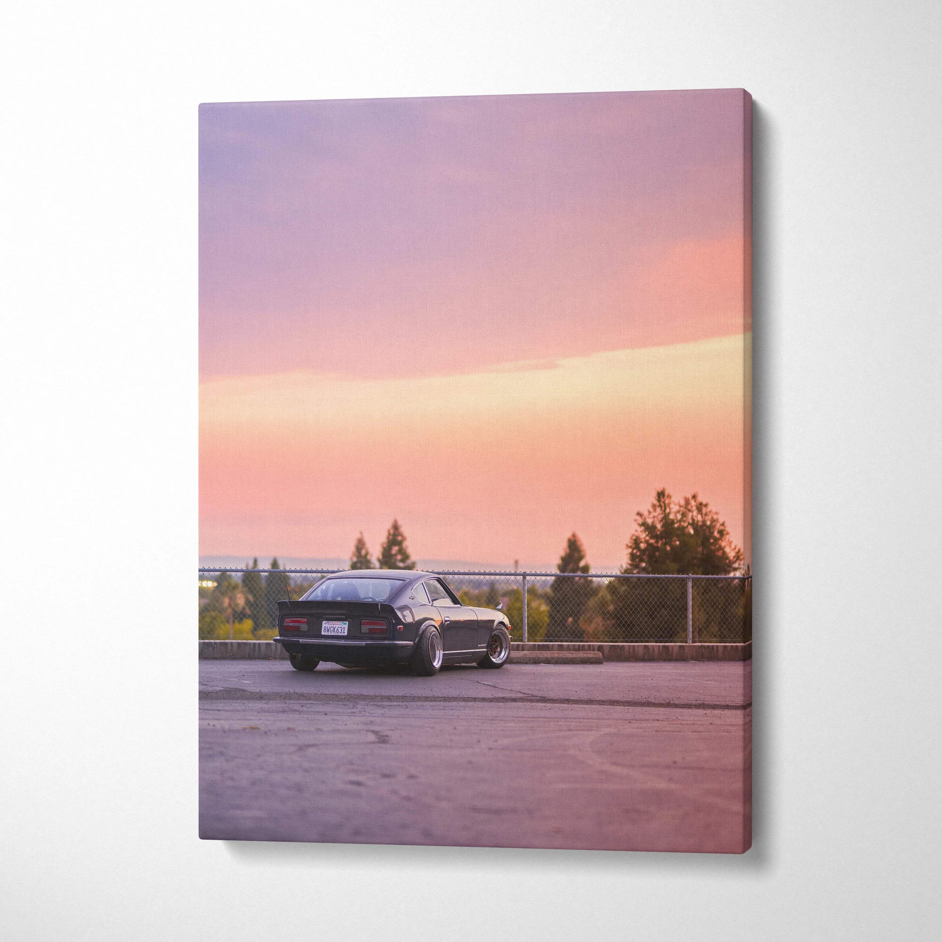 Nissan 240z parked at sunset with vibrant pink and orange sky, vertical canvas wall art.