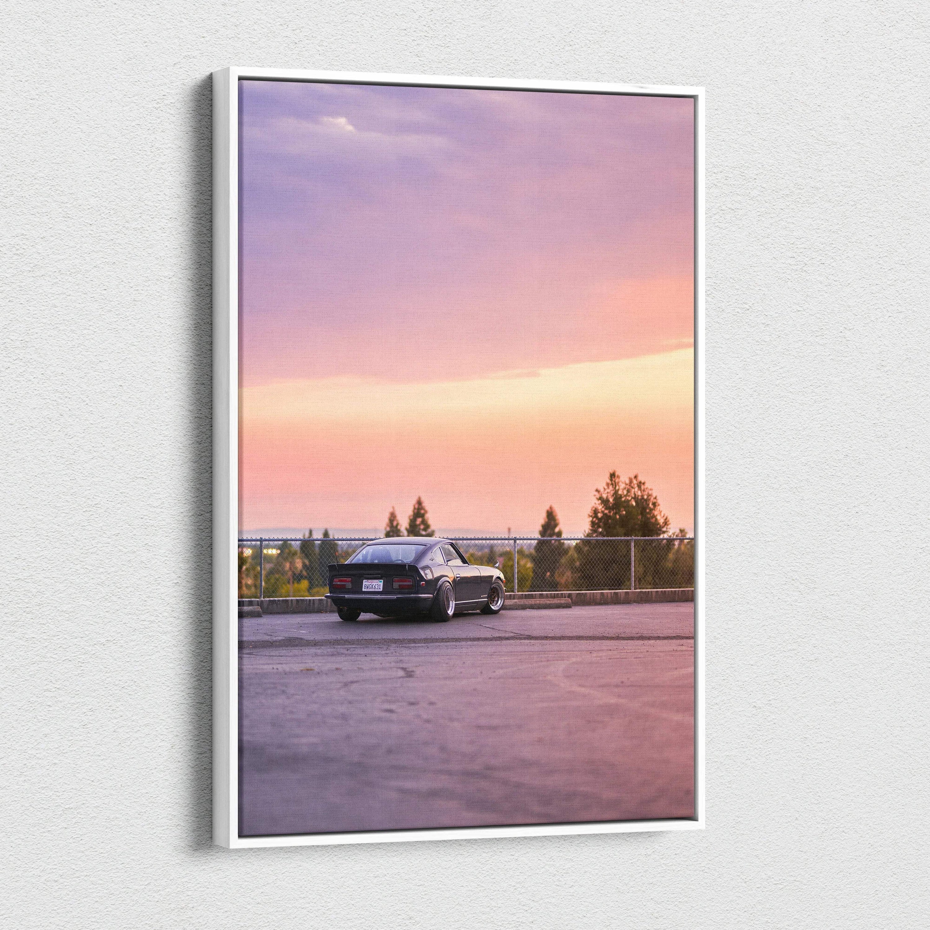 Nissan 240z parked on rooftop during purple and orange sunset canvas wall art.