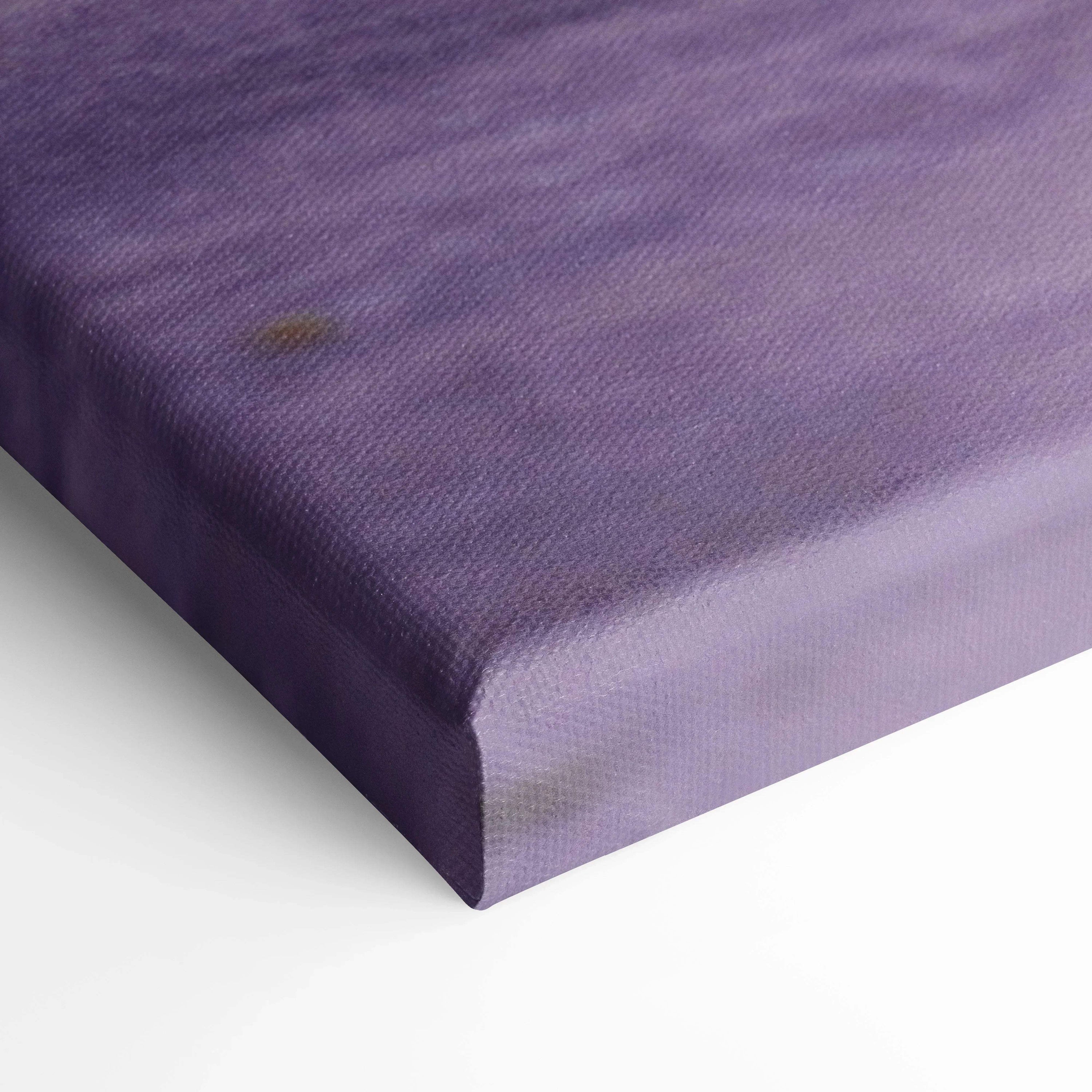 Close-up of purple textured canvas wall art corner with museum-quality print and 1.5-inch depth.