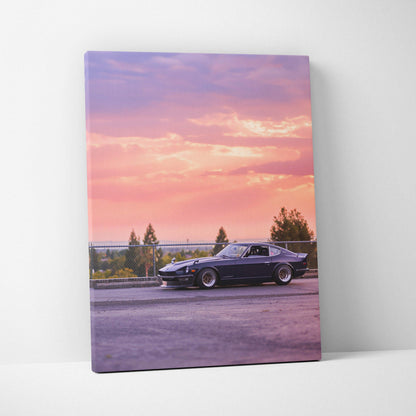 Nissan 240z vintage car at sunset on vertical canvas wall art with pink and orange sky.
