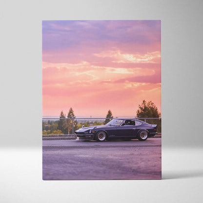 Nissan 240z parked at sunset landscape canvas wall art with pink and purple sky.