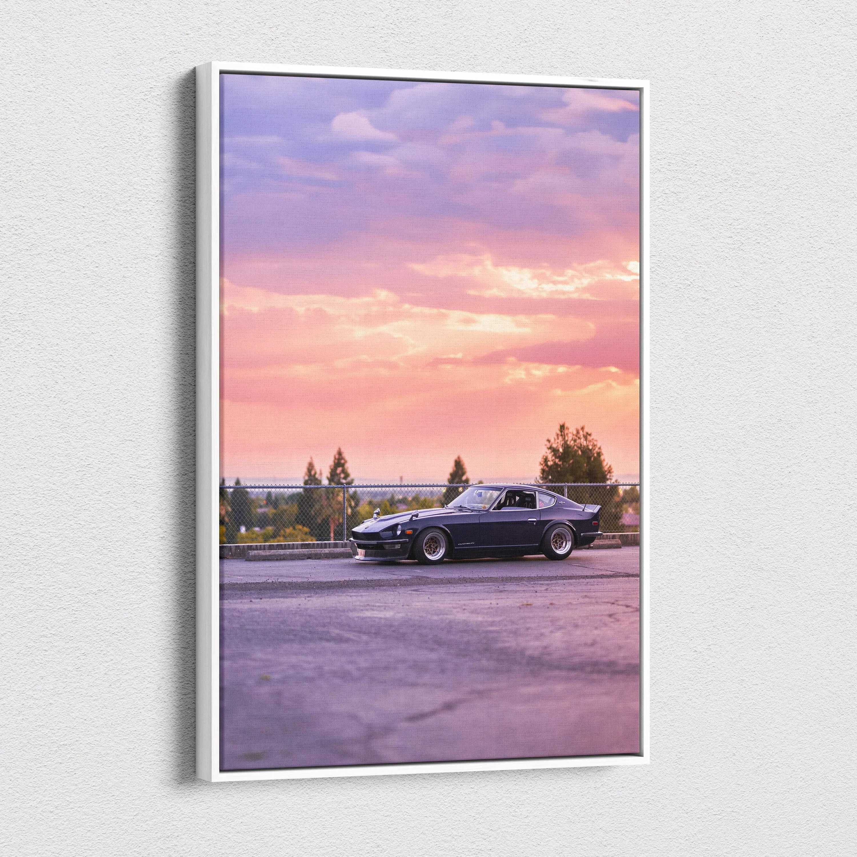 Nissan 240z parked at sunset with purple and orange sky on vertical canvas wall art.