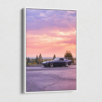 Nissan 240z parked at sunset with purple and orange sky on vertical canvas wall art.
