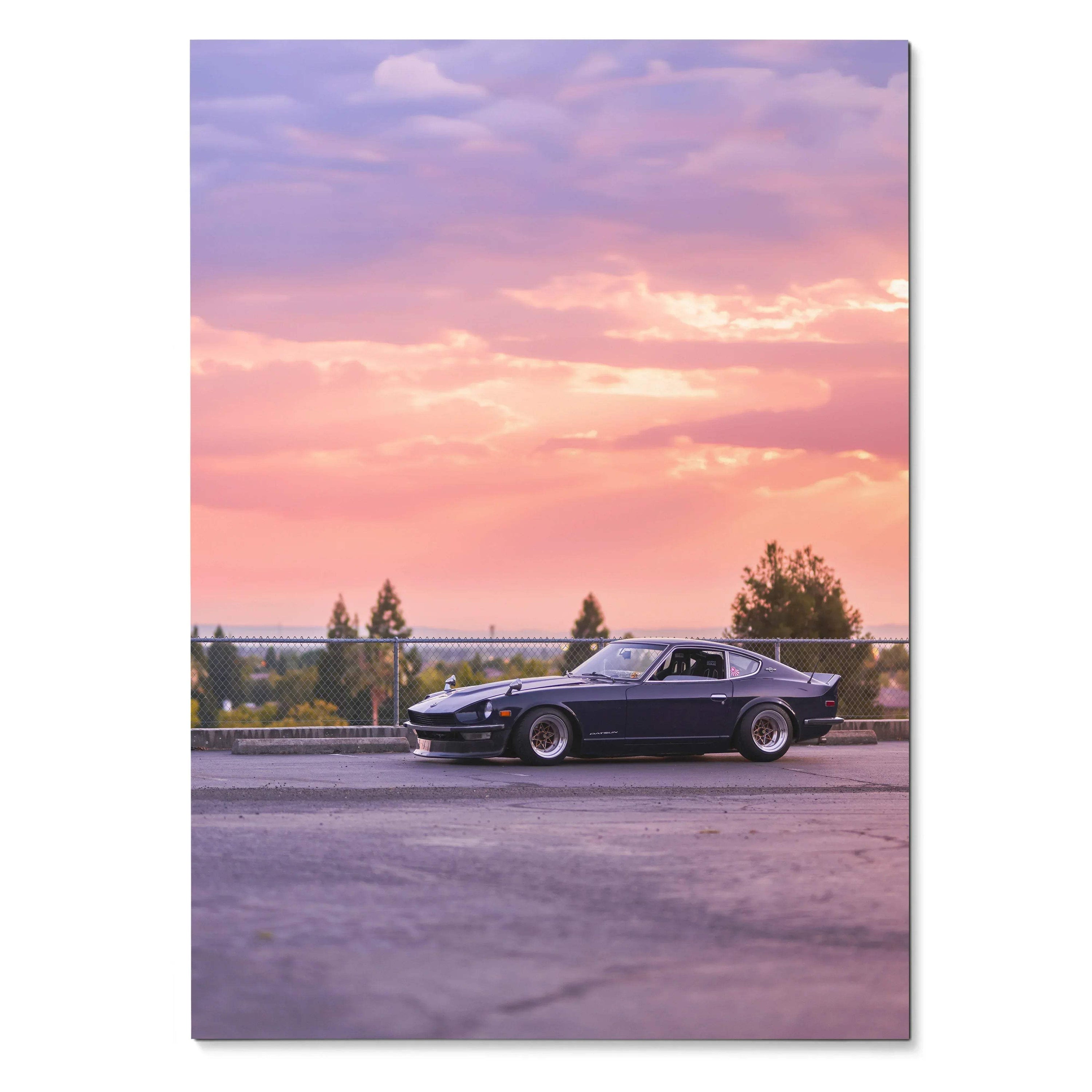 Nissan 240z car poster with purple sunset sky background, sleek classic sports car wall art.