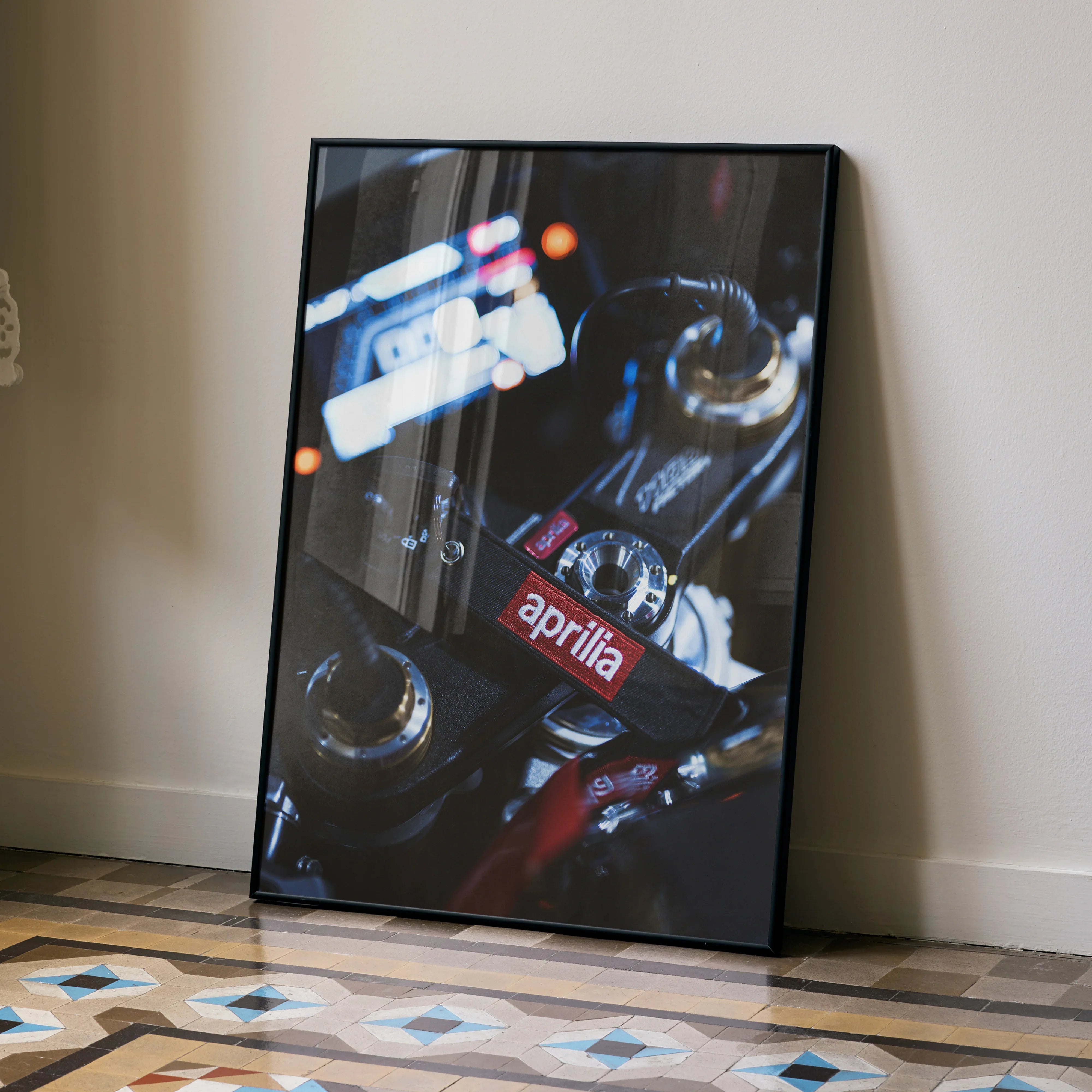 Aprilia RSV4 1100 Factory motorcycle close-up poster leaning against wall, sleek black and red wall art.