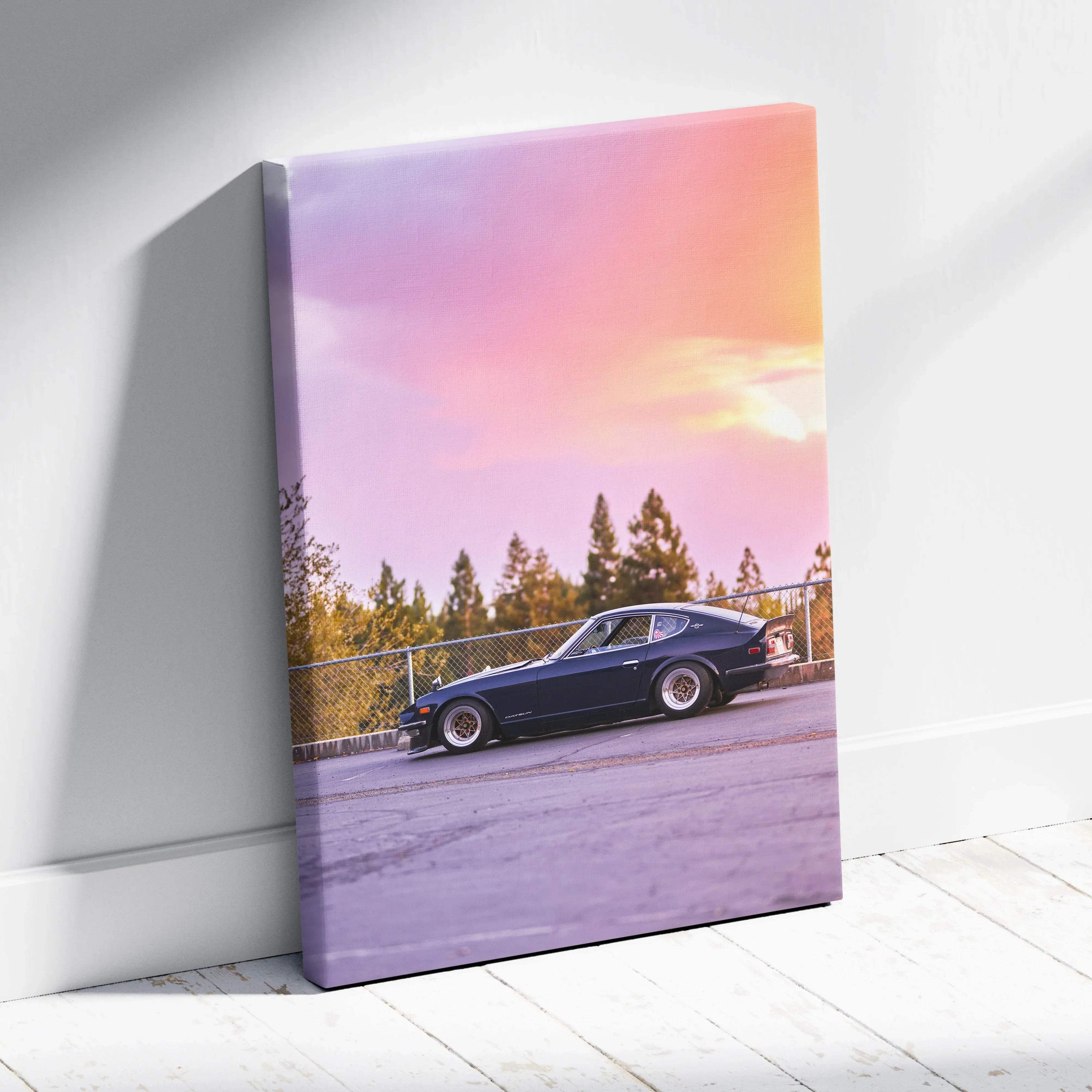 Nissan 240z parked on road under purple and orange sunset sky canvas wall art.
