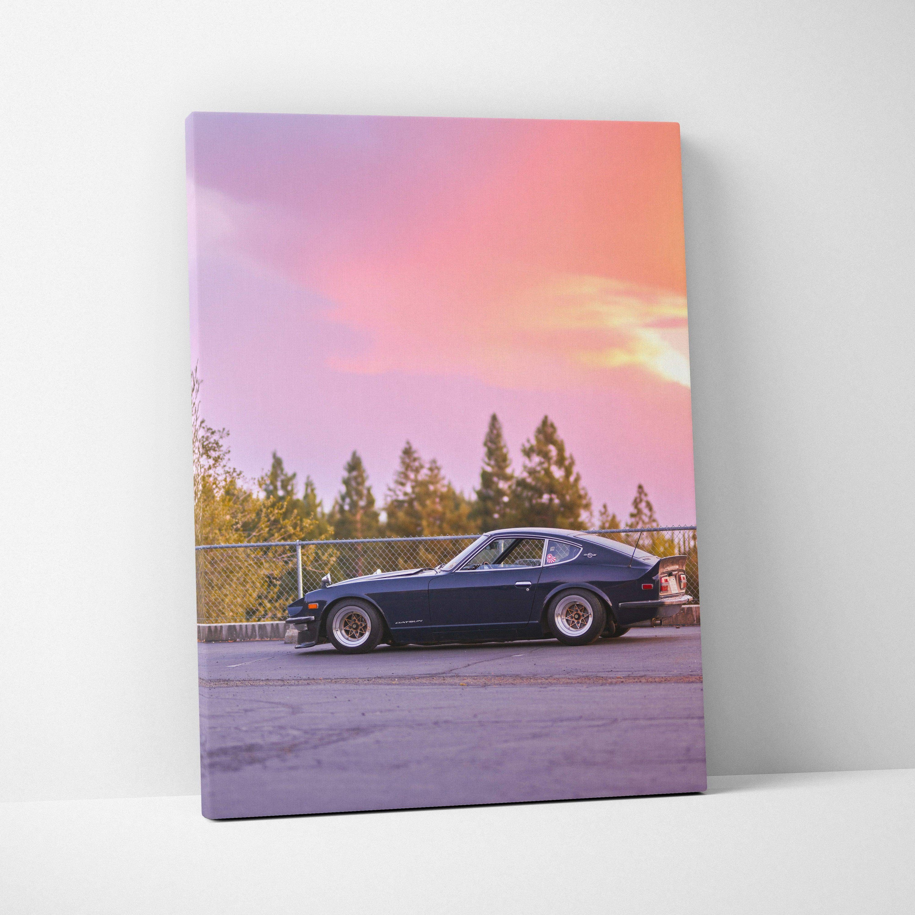 Nissan 240z car against pink sunset sky on vertical canvas art wall decor.