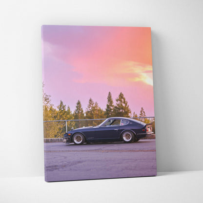 Nissan 240z car against pink sunset sky on vertical canvas art wall decor.
