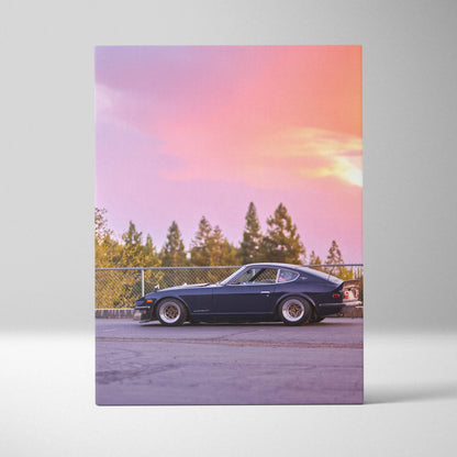 Nissan 240z vintage car against sunset sky canvas wall art with purple and orange hues.