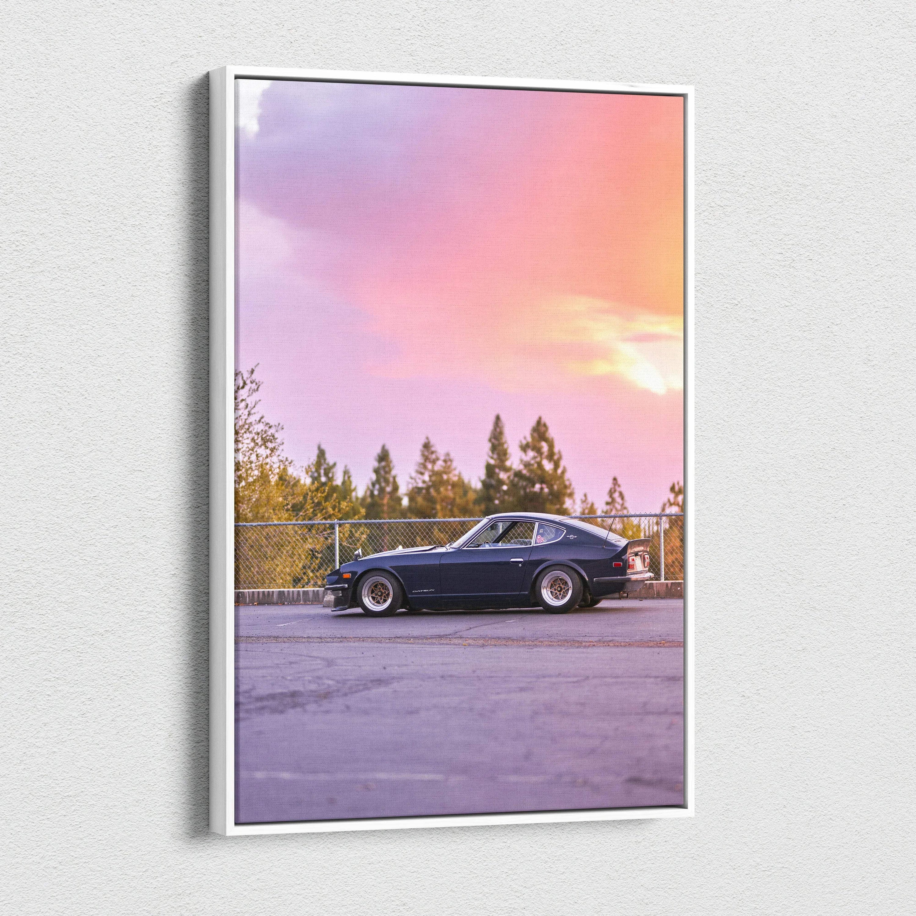 Nissan 240z parked at sunset with pink and purple sky, vertical canvas wall art.