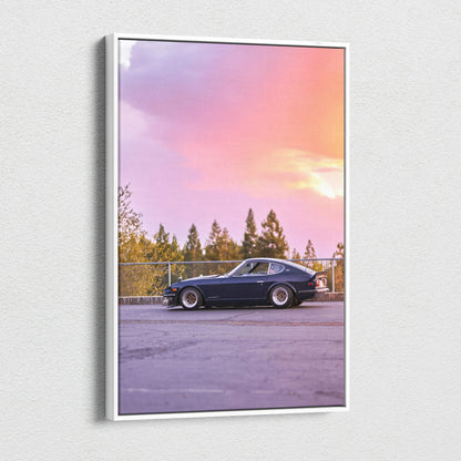 Nissan 240z parked at sunset with pink and purple sky, vertical canvas wall art.