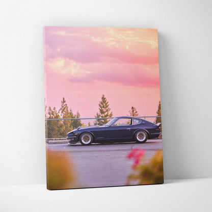 Nissan 240z sunset scene on vertical canvas wall art with pink sky and trees silhouette.