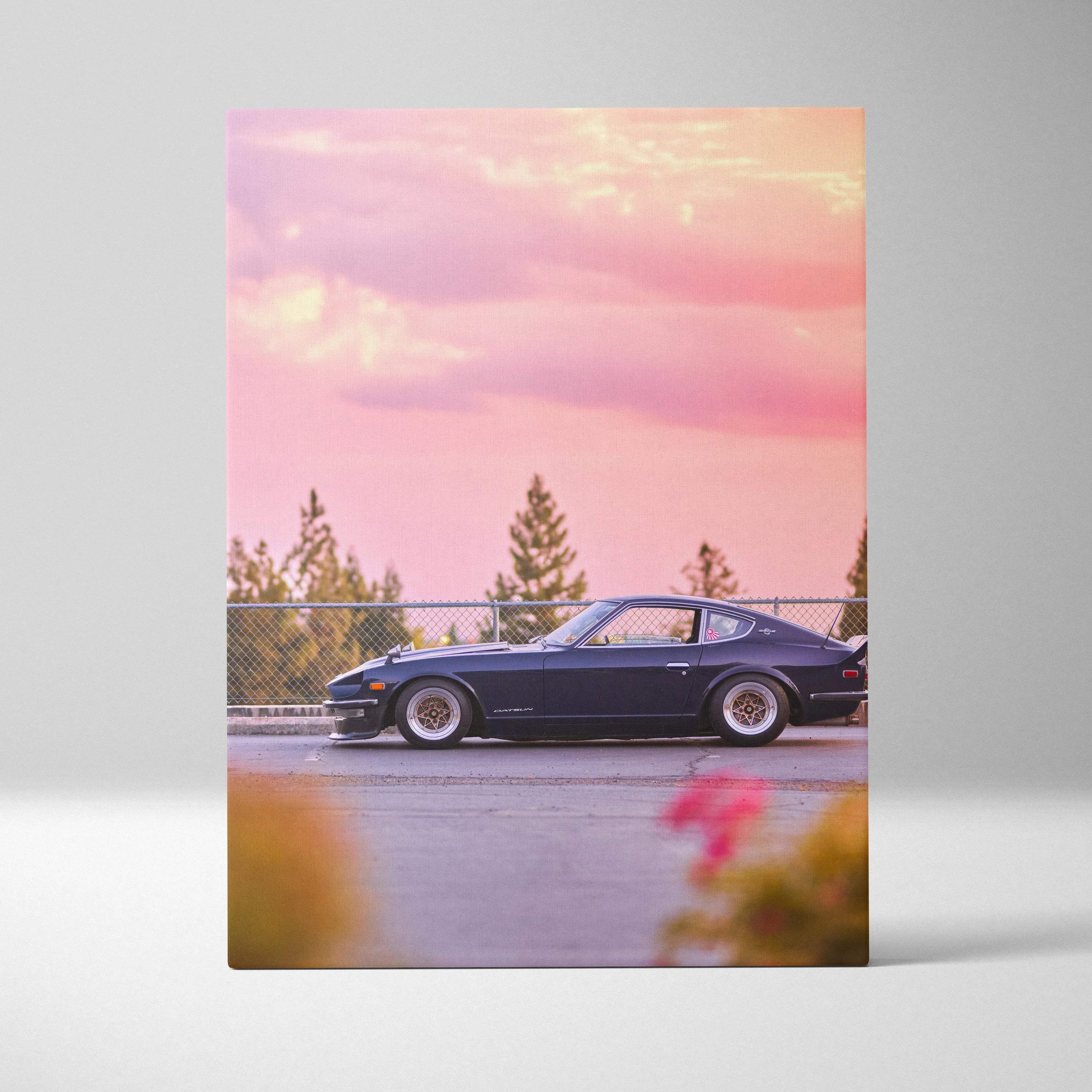 Nissan 240z classic car against pink sunset sky canvas wall art vertical print.