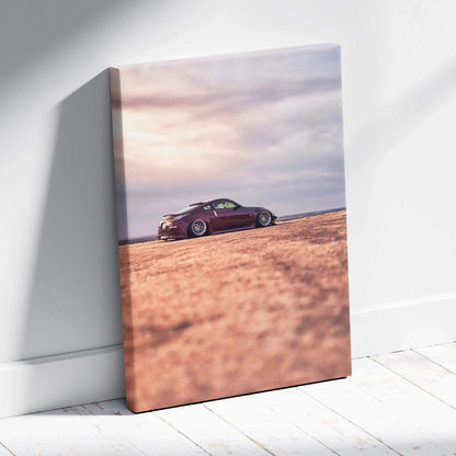 Nissan 350z sports car on desert road canvas wall art with soft sunset sky background.