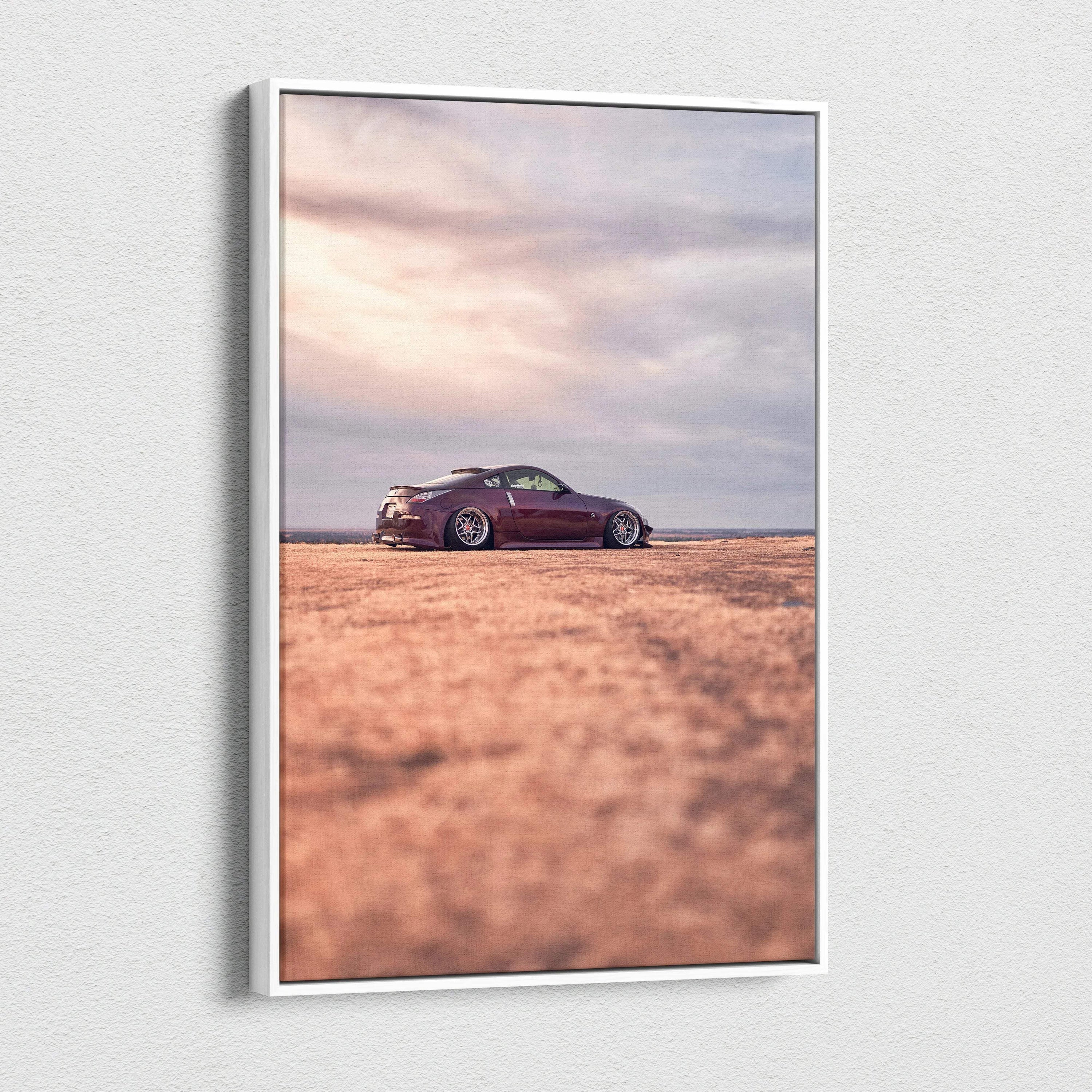 Nissan 350z sports car on desert road vertical canvas wall art with soft sunset sky.