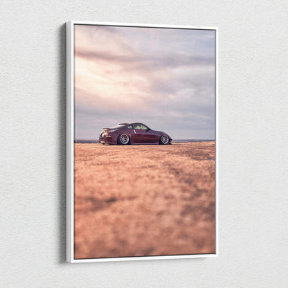 Nissan 350z sports car on desert road vertical canvas wall art with soft sunset sky.