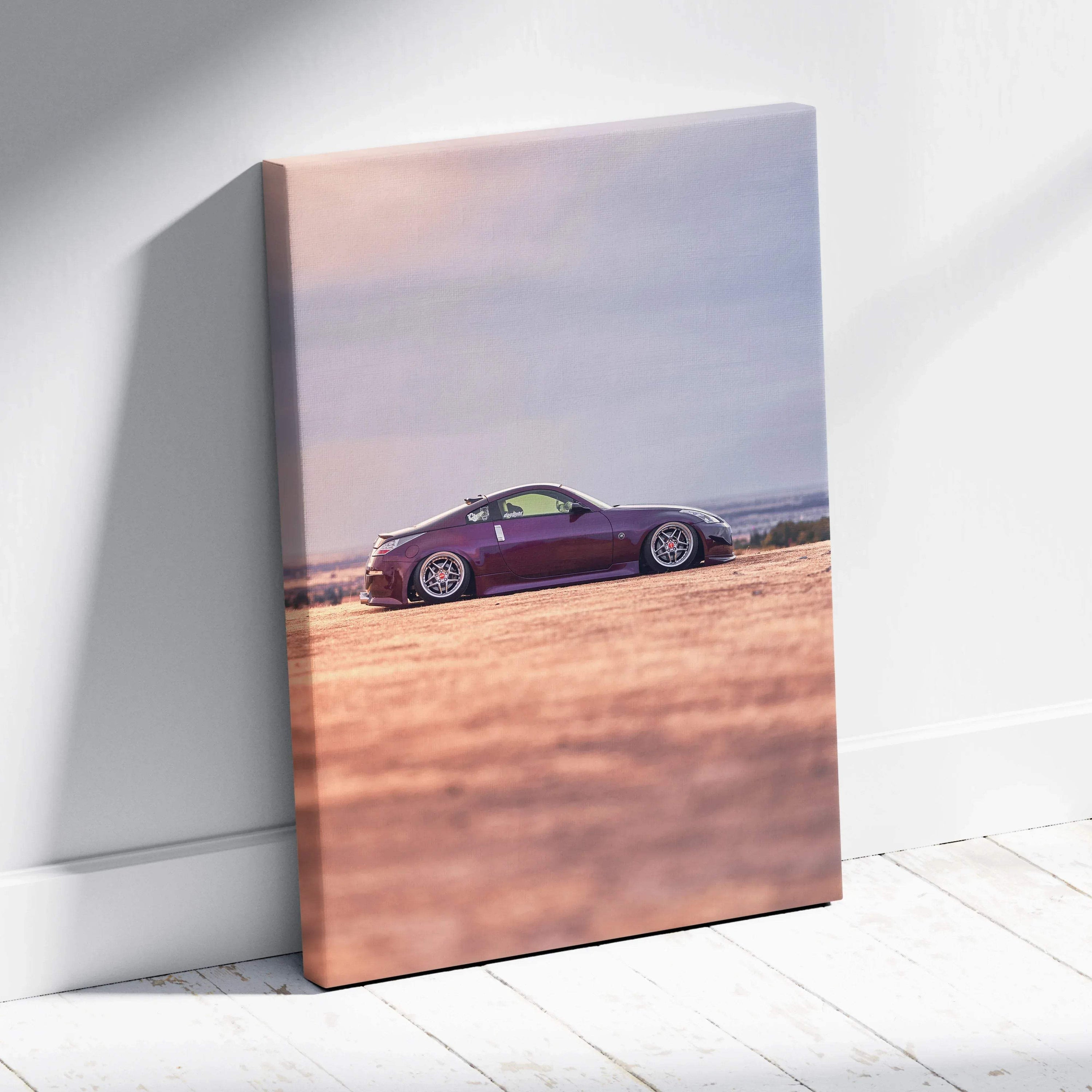 Vertical canvas wall art featuring a purple Nissan 350z parked on a sandy terrain under a pastel sky.