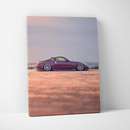 Nissan 350z canvas art with purple car silhouette against soft sky, vertical wall art print.